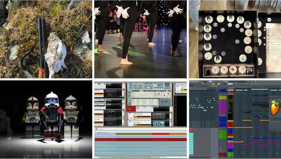 Seks hobbybilder: rypejakt, dansere på en scene, et brettspill, Lego-stormtroopere og to musikkprogrammer