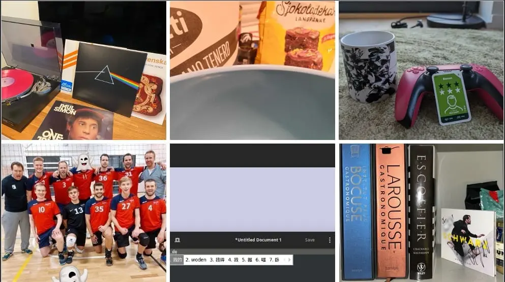 Seks hobbybilder, blant annet vinylplater med Pink Floyd, en spillkontroller, et volleyballag og kokebøker