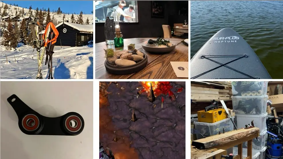 Seks hobbybilder, blant annet ski foran en hytte, finmat på restaurant, et padlebrett og en snekkerbenk