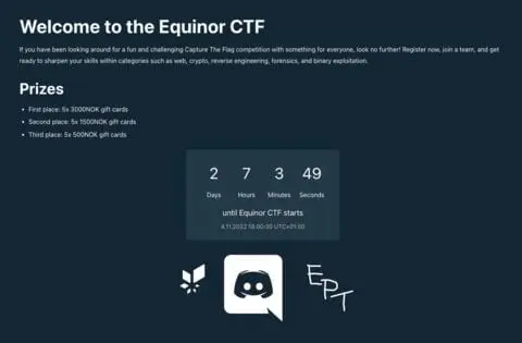 Nettsiden til Equinor CTF med premier og nedtelling til start 4.11.2022 kl. 18