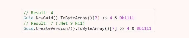 C#-kode som leser versjonsnummeret fra en Guid: NewGuid gir 4 og CreateVersion7 gir 7
