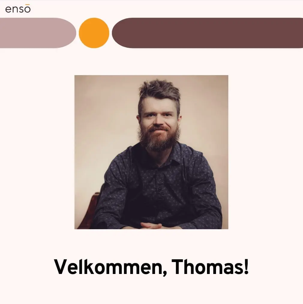 Velkomstkort fra Enso med portrett av en skjeggete mann og teksten Velkommen, Thomas!