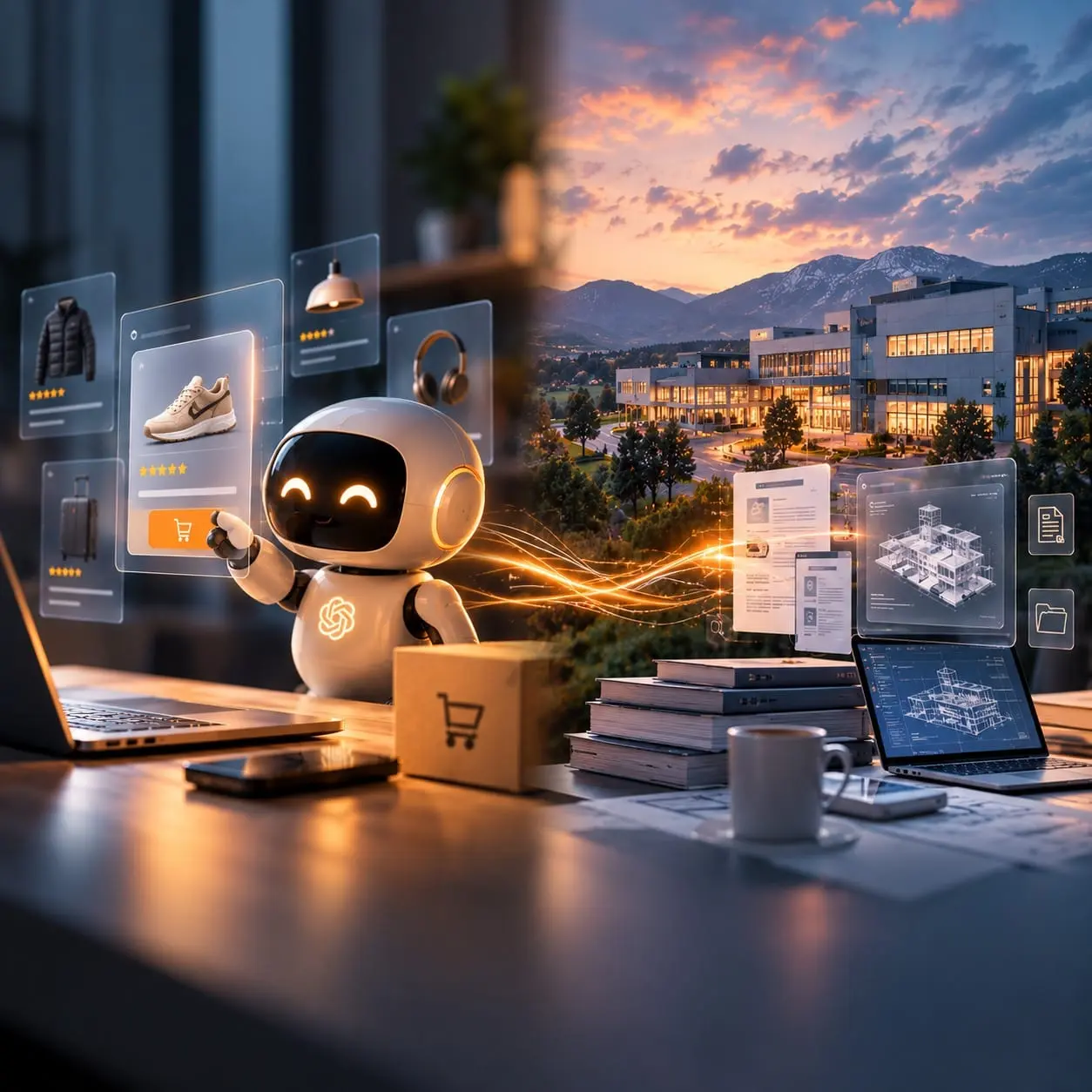 Illustrasjon: en AI-robot handler på nett, mens en AI-assistent henter fram dokumenter og byggetegninger