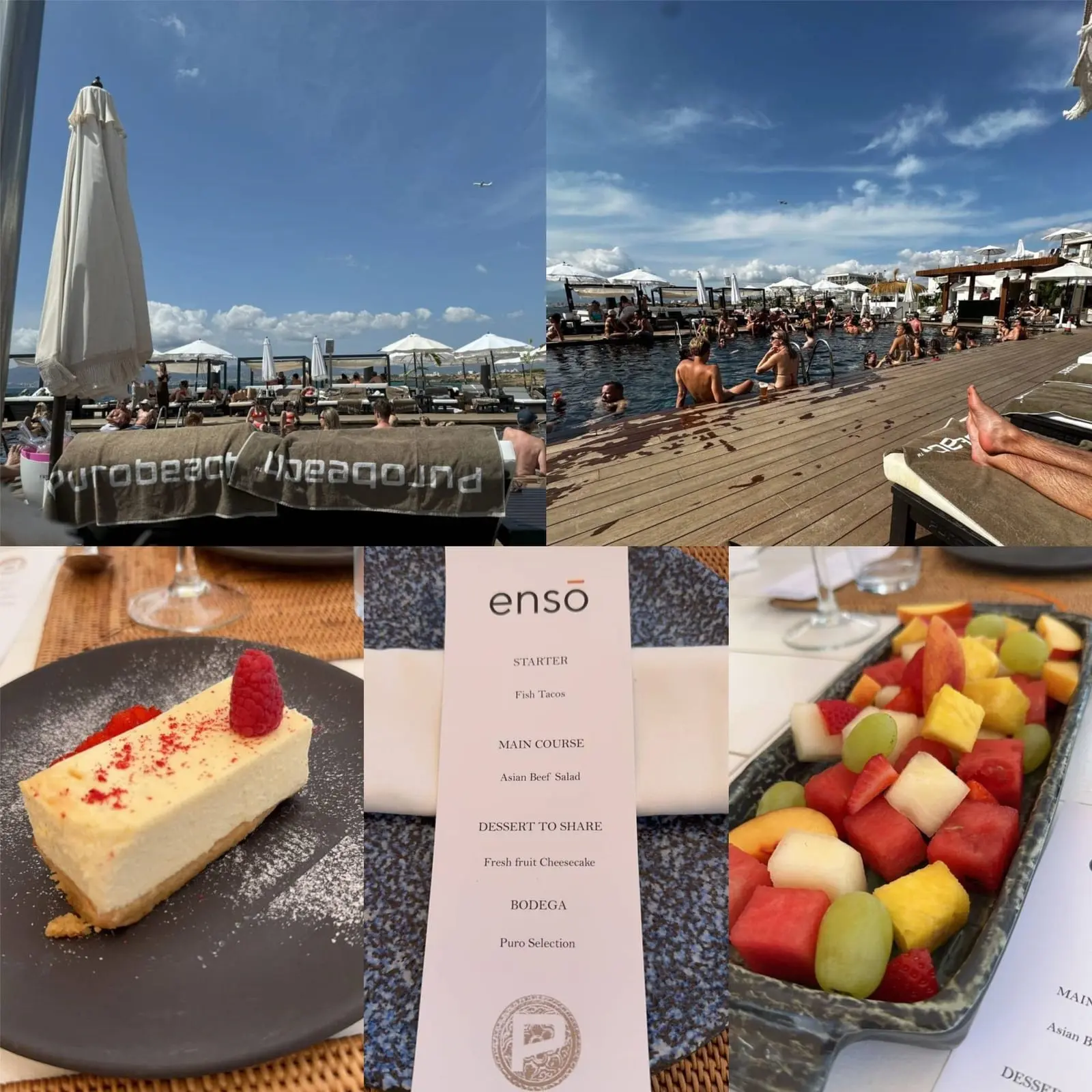 Solsenger og basseng på Puro Beach, en meny med Ensō-logo, ostekake og et fruktfat
