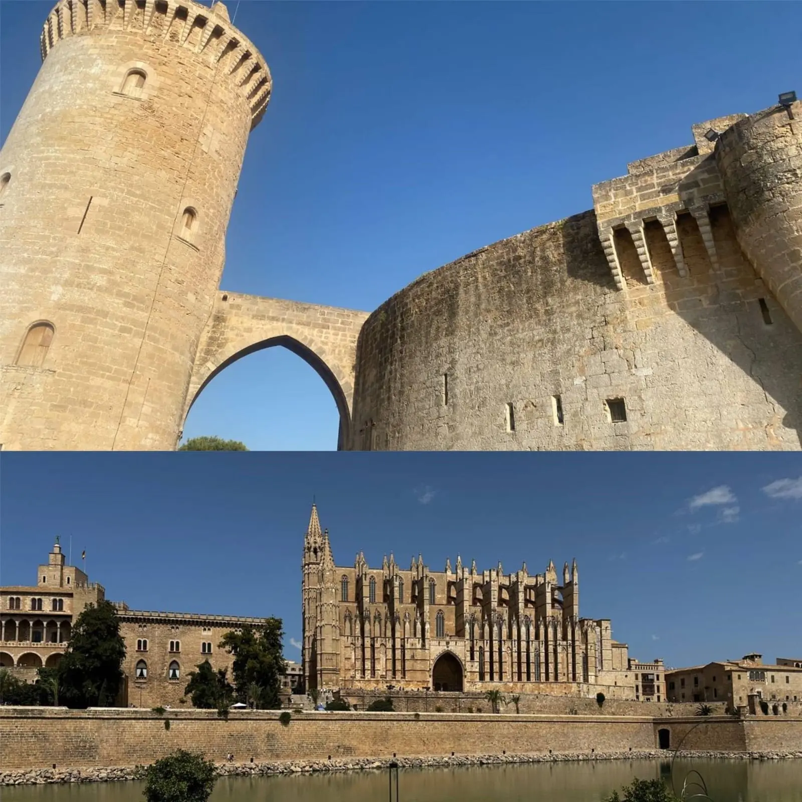 Bellver-slottet og katedralen i Palma under blå himmel