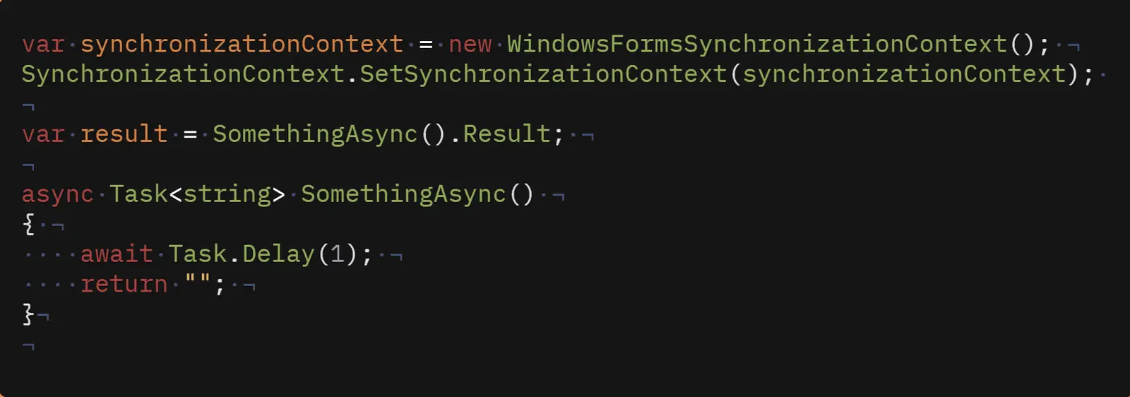 C#-kode som setter WindowsFormsSynchronizationContext og så blokkerer på SomethingAsync().Result