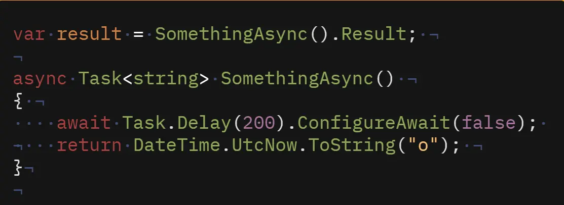 C#-kode der SomethingAsync bruker await Task.Delay(200).ConfigureAwait(false) mens kalleren blokkerer med .Result