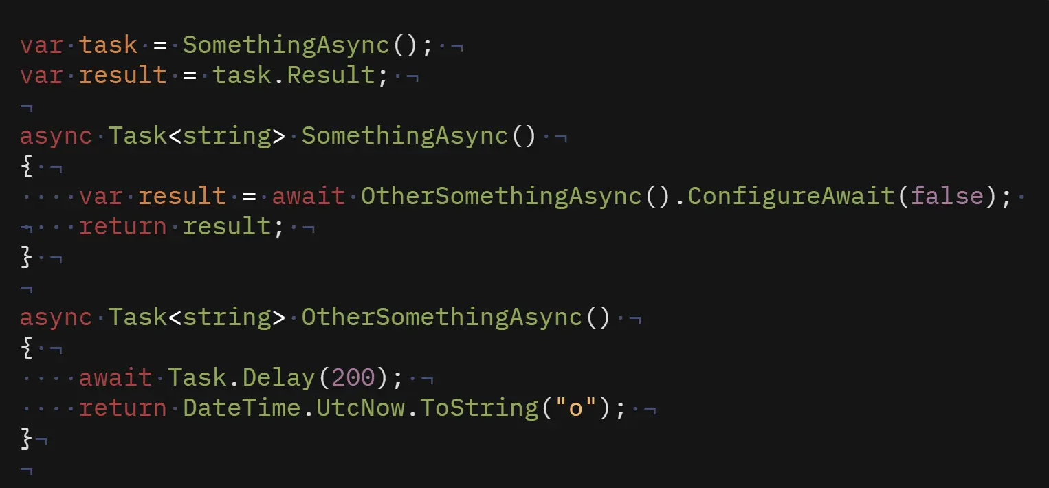C#-kode der bare den ytre metoden bruker ConfigureAwait(false), mens den indre OtherSomethingAsync awaiter Task.Delay uten