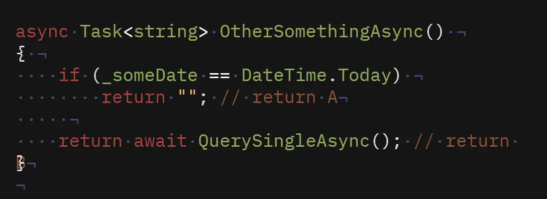 C#-metode som returnerer synkront hvis datoen er i dag, og ellers awaiter QuerySingleAsync