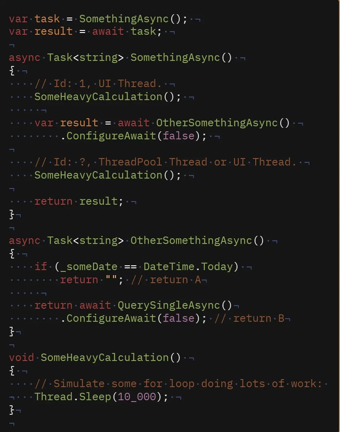 C#-kode der SomeHeavyCalculation kjøres før og etter en await med ConfigureAwait(false), kommentert med UI-tråd eller trådpool-tråd