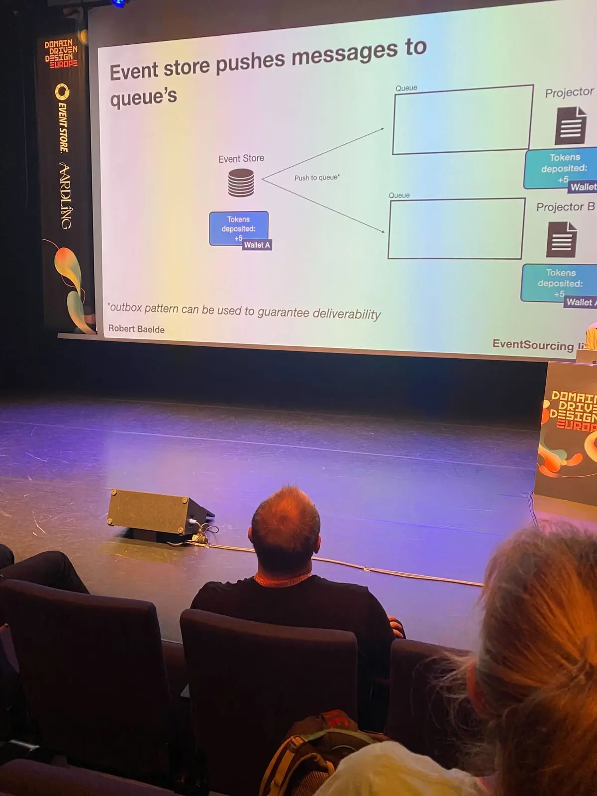 Robert Baeldes lysbilde Event store pushes messages to queues, der hendelser sendes via to køer til to projektorer