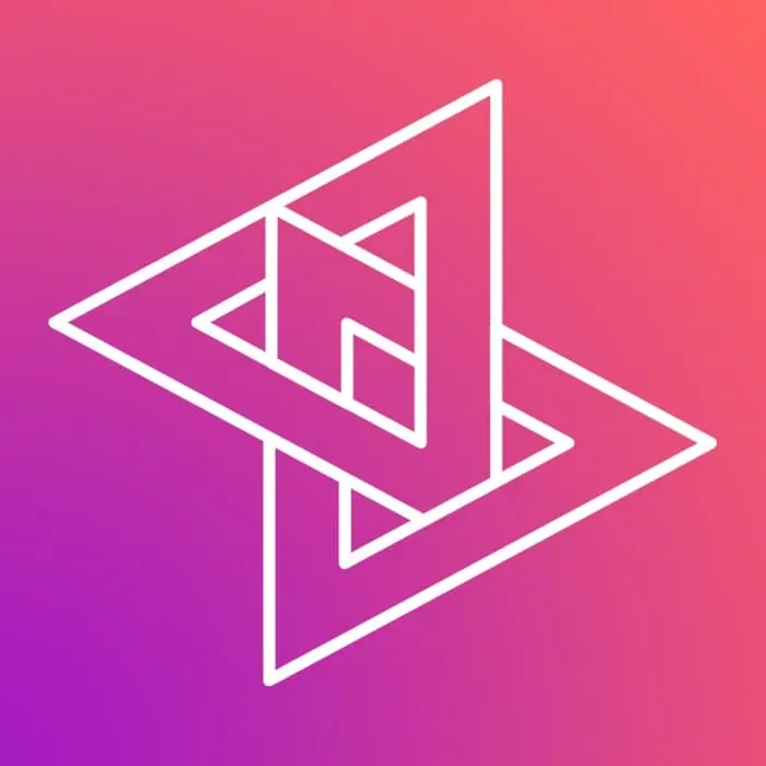 Logoen til kode24, hvite trekanter mot en rosa og lilla bakgrunn