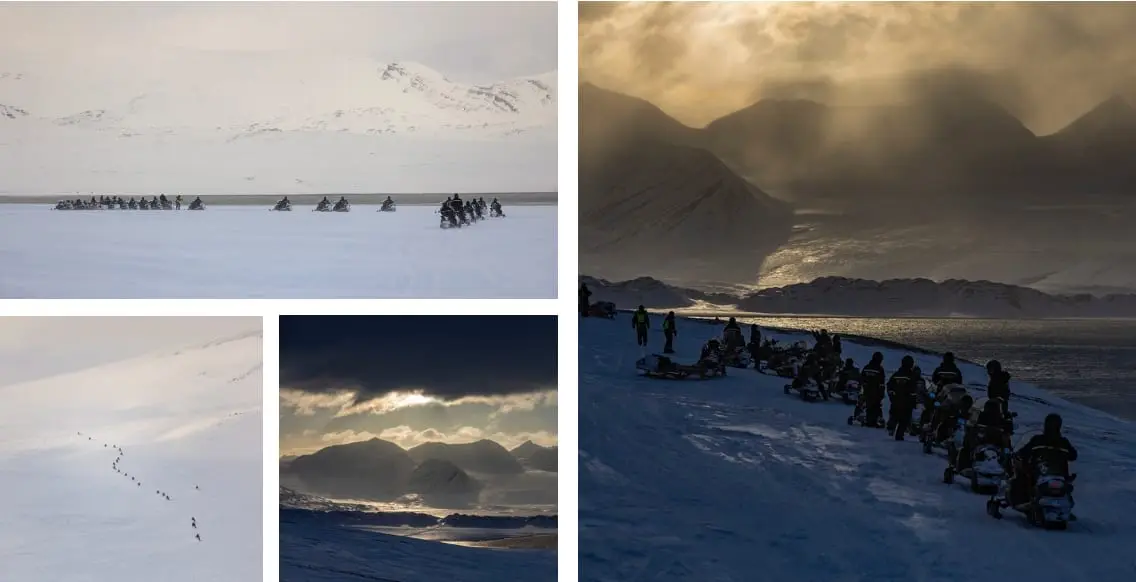 Kollasj av scooterkolonnen over snødekte sletter og fjell, med dramatisk lys og sol gjennom skyene