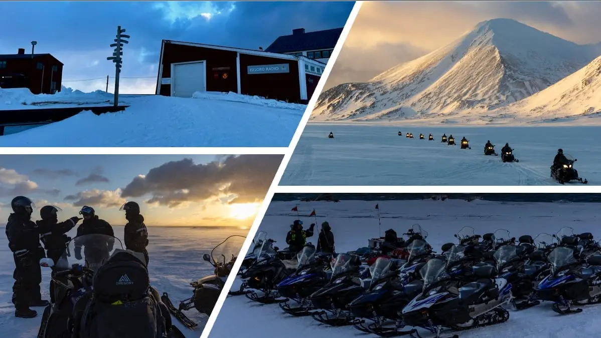 Kollasj fra Isfjord Radio: den røde stasjonsbygningen, scootere foran et fjell i solnedgang og parkerte scootere i snøen