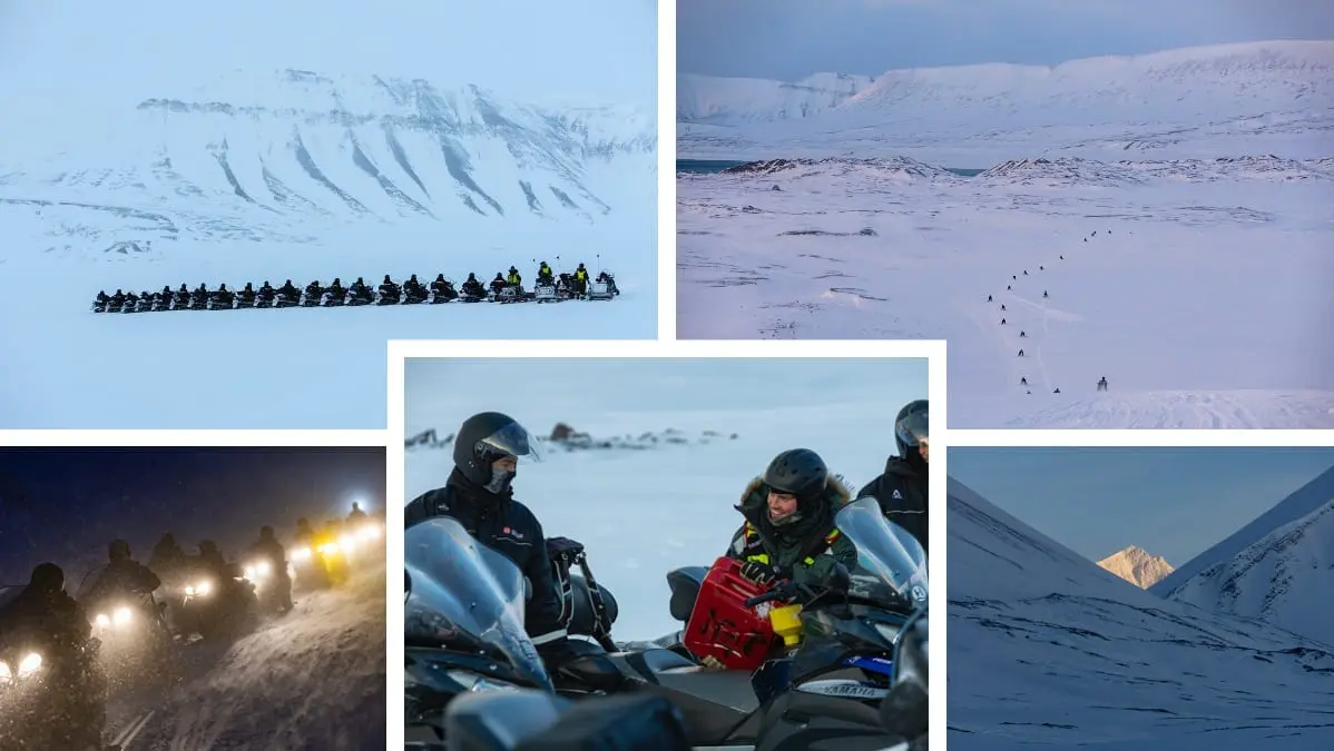 Kollasj av scootere på rekke under fjell, kjøring i snøfokk med lykter og en smilende deltaker som fyller bensin fra kanne