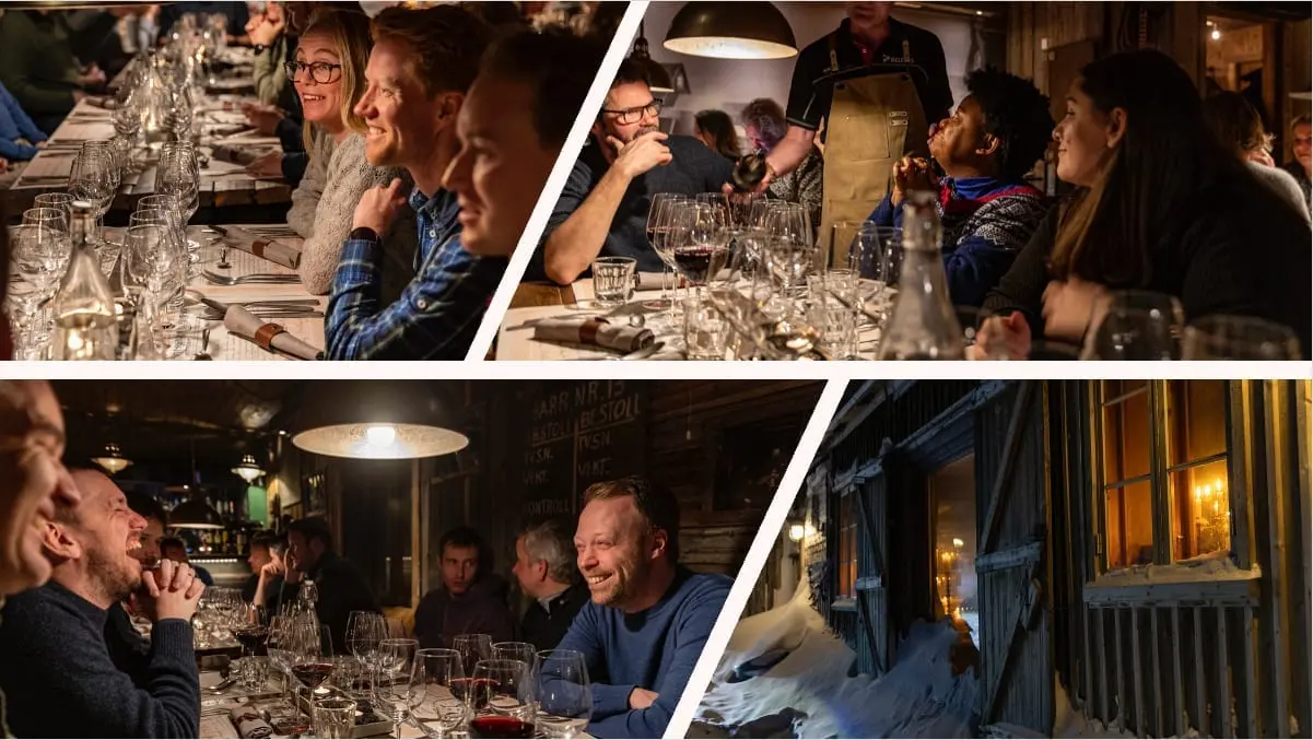 Kollasj fra middagen på Gruvelageret: smilende kolleger rundt langbord med vinglass, og det snødekte trebygget med levende lys i vinduene
