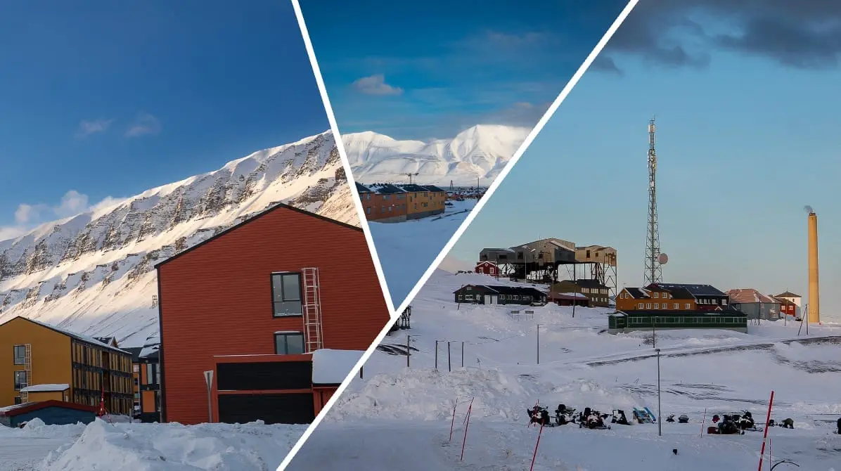 Kollasj fra Longyearbyen med fargerike hus, snødekte fjell, gamle gruveanlegg og parkerte scootere