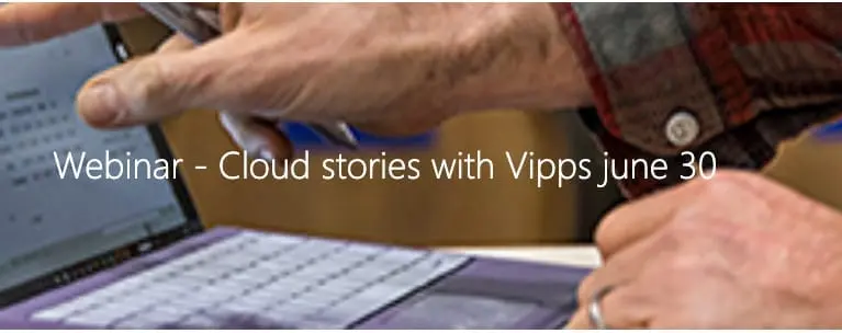 Banner for webinaret Cloud stories with Vipps 30. juni, over hender ved et tastatur
