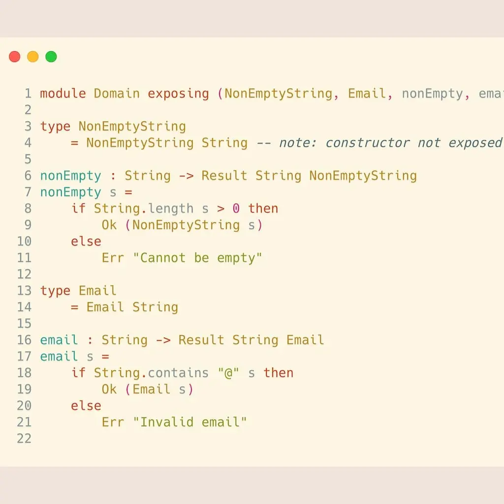 Elm-kode som definerer typene NonEmptyString og Email med smarte konstruktører som returnerer Result