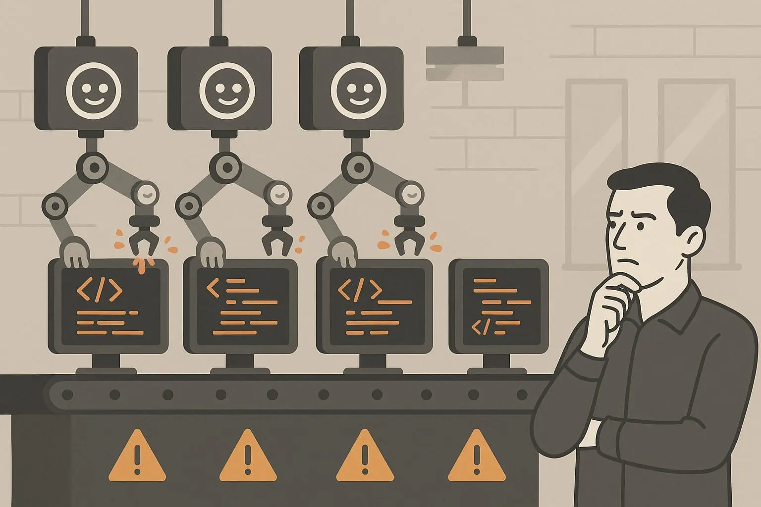 Illustrasjon av smilende robotarmer som setter sammen kode på et samlebånd med varseltrekanter, mens en mann ser skeptisk på
