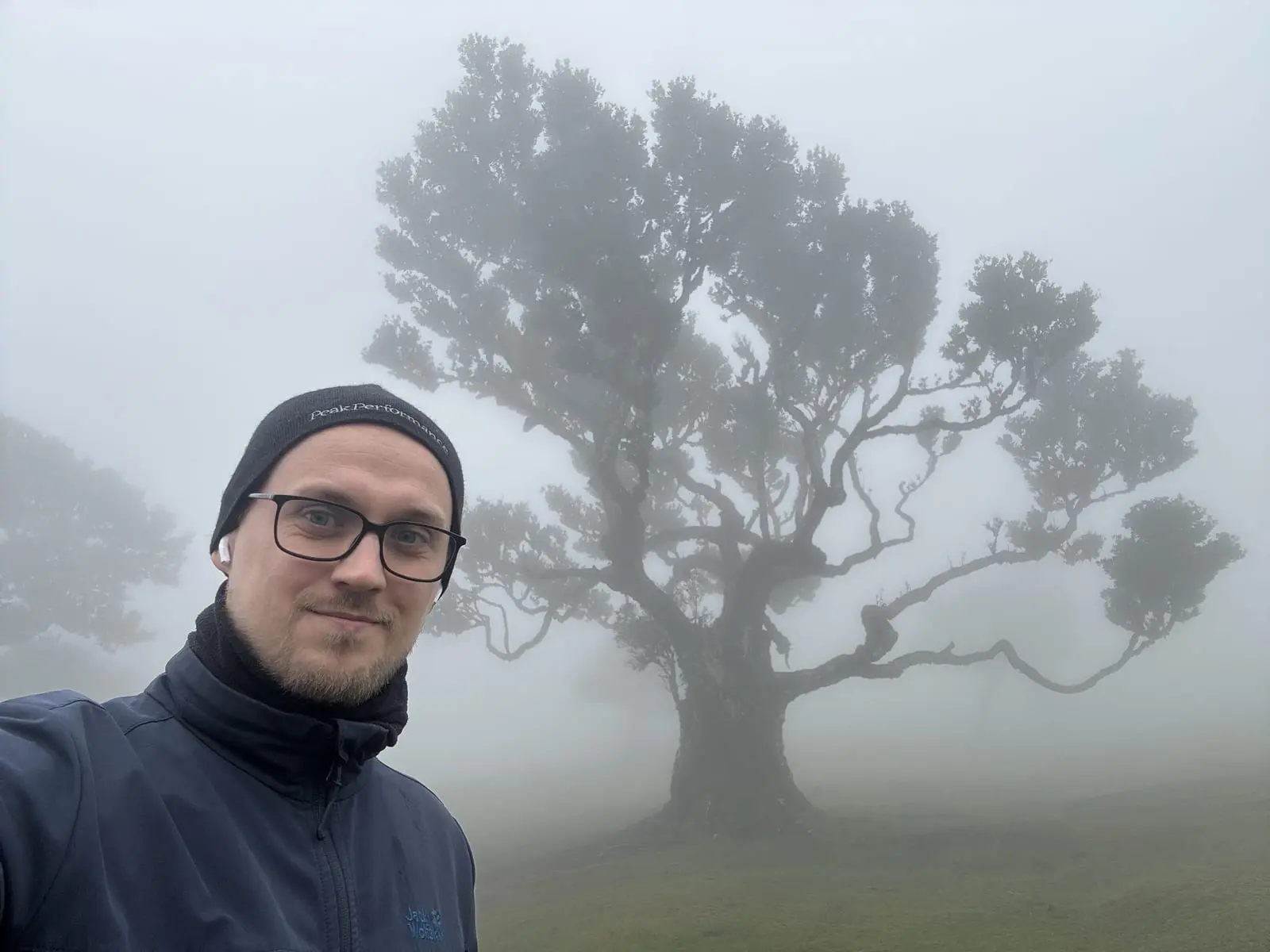 En mann med lue og briller tar en selfie foran et stort, krokete tre i tåka