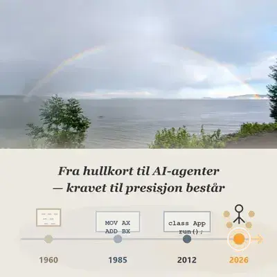 Regnbue over en fjord over en tidslinje fra hullkort i 1960 via assembler og klassekode til en AI-agent i 2026